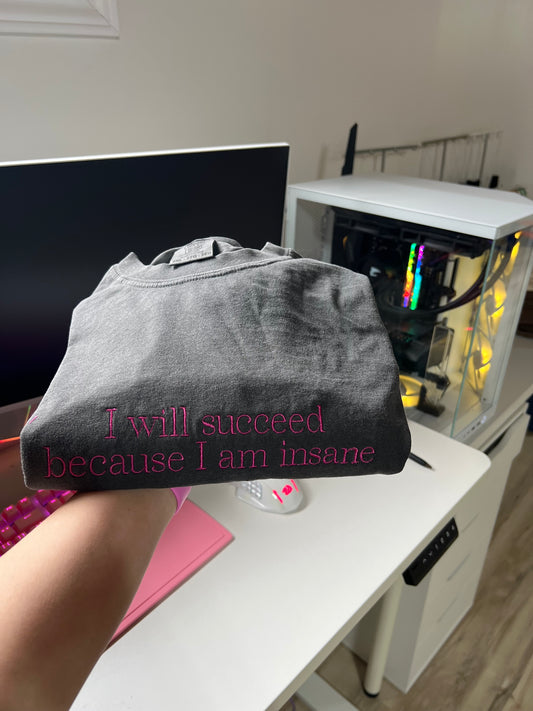 I will succeed because I am Insane embroidered Sweater, Tshirt or Hoodie