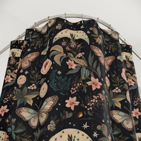 Dark Cottagecore Black Botanical Shower Curtain, Moody Dark Academia, Vintage Apothecary Witchy Eclectic Maximalist Bathroom Decor