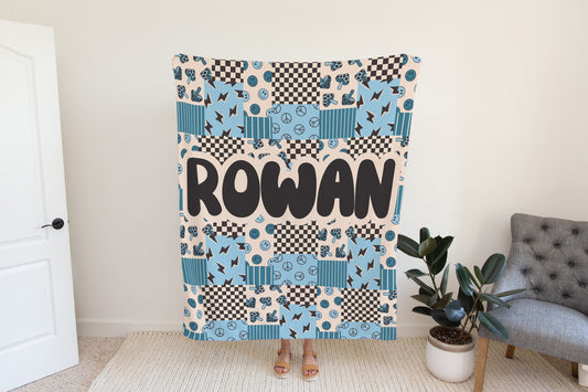 Personalized blanket for boys, Smiley face blanket, checkered throw, birthday gift for him, custom name baby blanket, baby shower gift