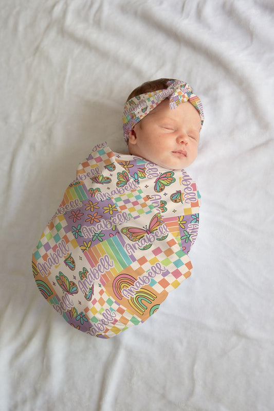 Personalized Butterfly Swaddle bow set newborn patchwork Swaddle and hat set girl hospital reveal outfit baby shower gift stretchy swaddle