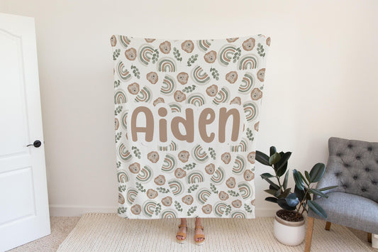 Lion Personalized blanket for boys, rainbow sage green neutral blanket, unisex birthday gift for him, custom name baby blanket baby shower