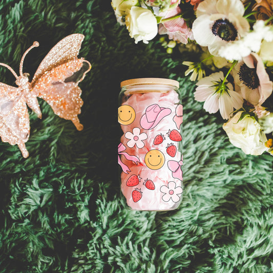 Girly coquette cowgirl glass cup with bamboo lid glass straw, Cute Cup Beer Can Iced Coffee Glass Cup Cute funny Glass Cup gift for her