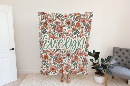 Personalized floral vintage blanket with Name, Custom name blanket gift, Birthday Anniversary Gift for her, floral baby blanket