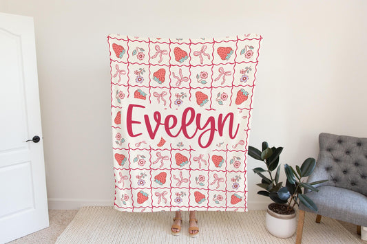 Personalized coquette pink bow Blanket, cute strawberry room decor, preppy stuff room decor, pink bow baby blanket, bow decor