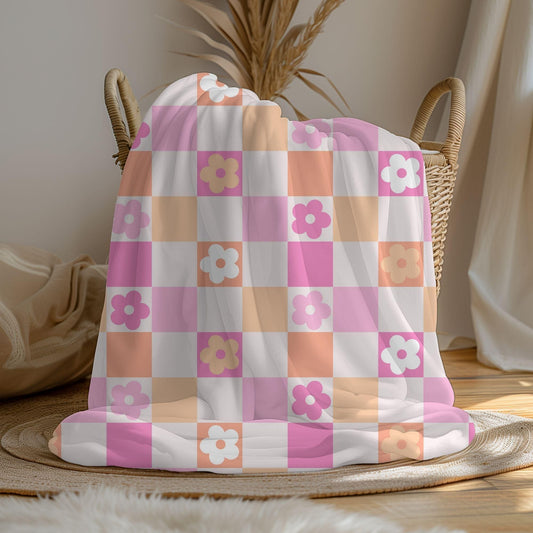Checkered floral personalized pink blanket, Custom name blanket gift, Birthday Anniversary Gift for her, floral baby blanket