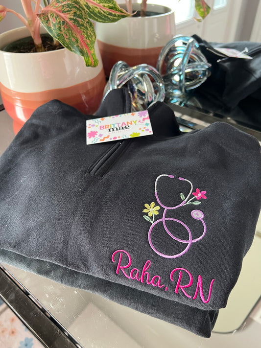 Personalized Nurse Quarter Zip Embroidered Sweater