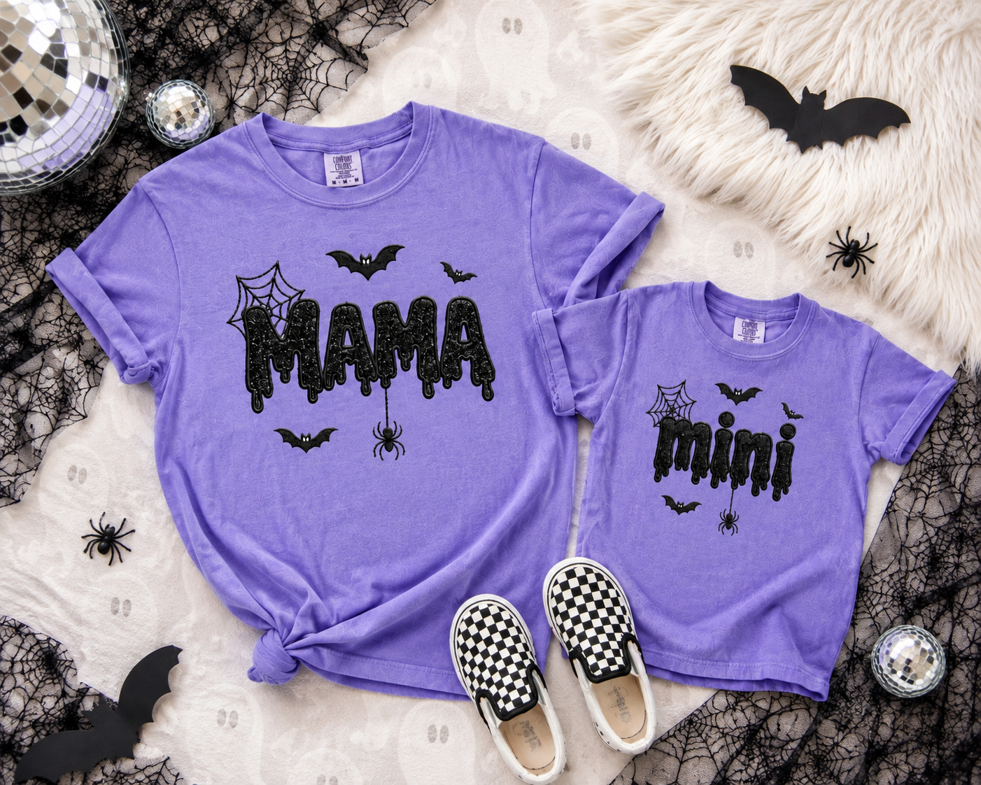 Embroidered glitter applique Mama and Mini halloween design in black dripping lettering, both with bat and spider graphics.
