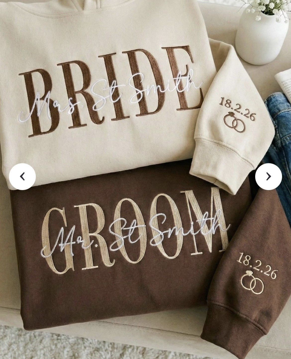 Custom Wifey and Hubby Embroidered Sweater, Tshirt or Hoodie Bride and Groom