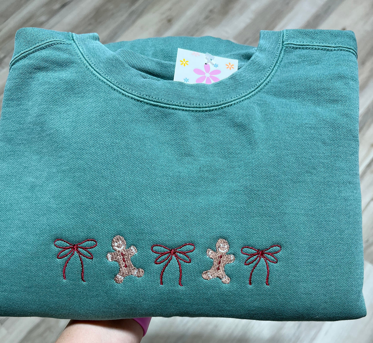 Christmas Gingerbread and Bow Embroidered Sweater