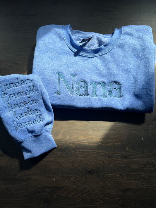 Custom Embroidered Sweater or Hoodie with sleeve names