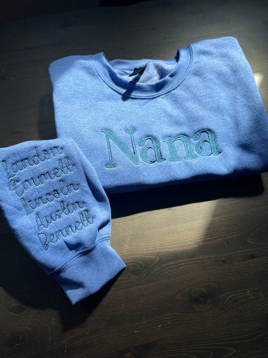 Custom Embroidered Sweater or Hoodie with sleeve names