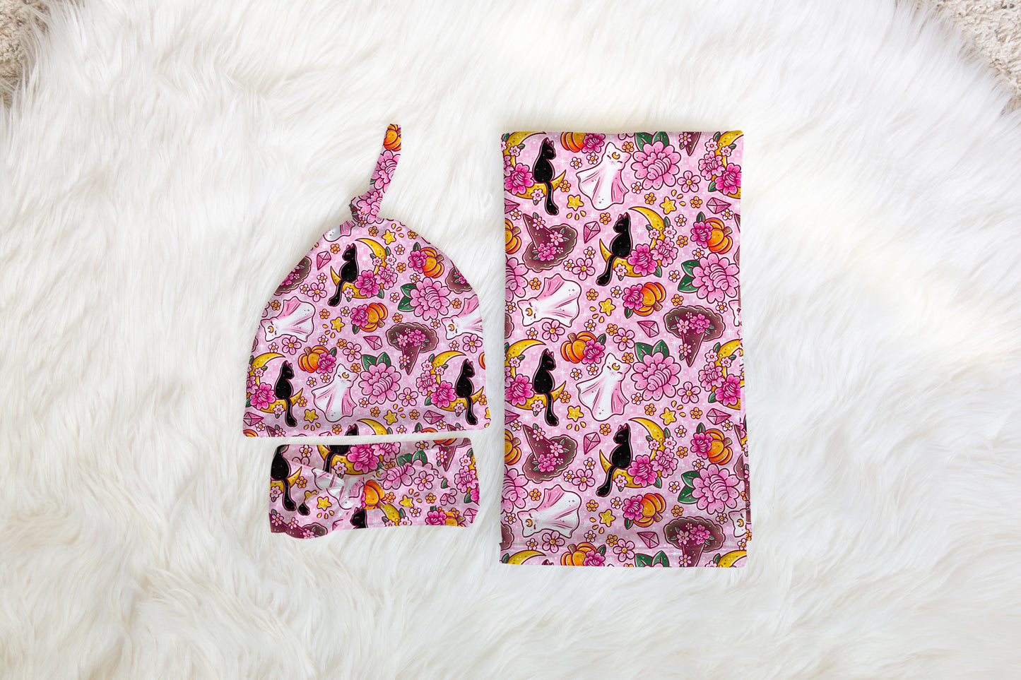 Personalized Halloween Swaddle Set Pink Witchy Cats