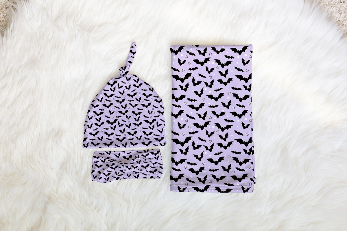 Personalized Bats Newborn Swaddle Set Purple