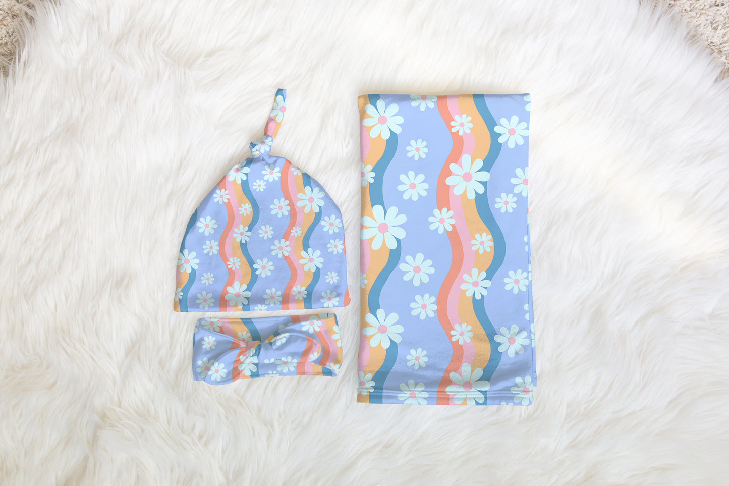 Personalized Groovy Floral Swaddle Hat or Bow Set