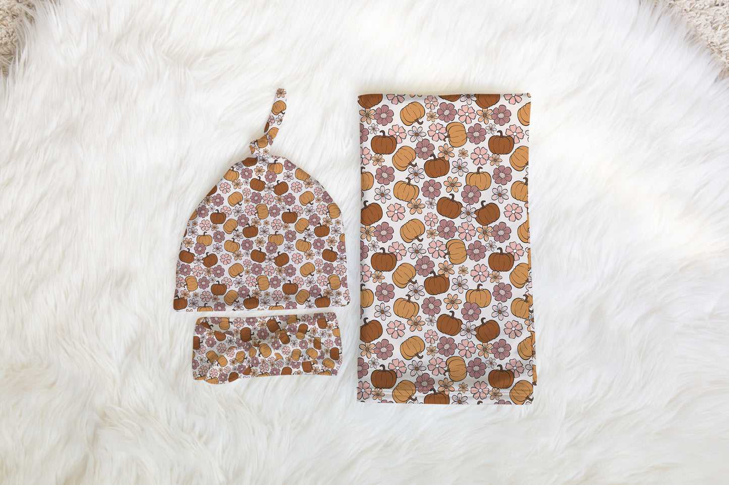 Personalized fall pumpkin Newborn Swaddle Set, Pumpkin Swaddle Bow Set, Fall Swaddle Hat set, Custom name Newborn announcement outfit