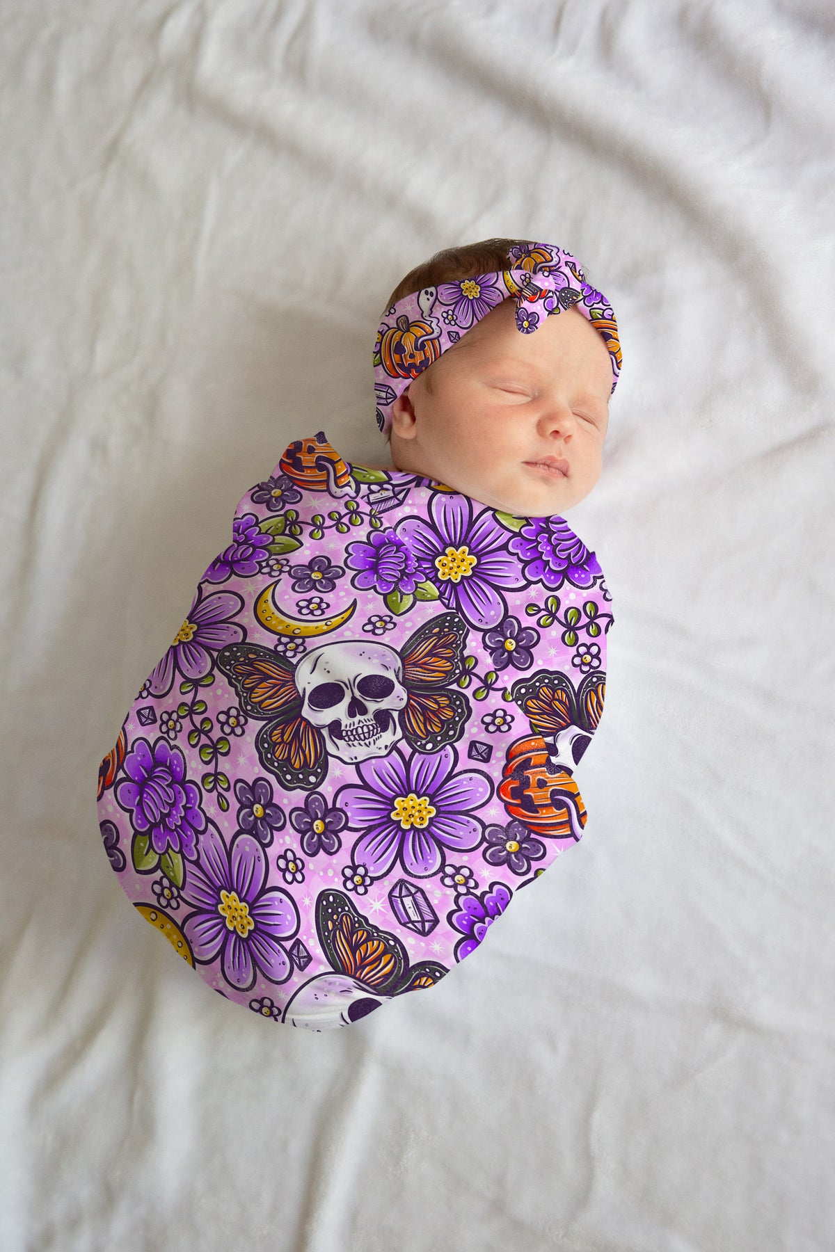 Personalized Halloween swaddle set Purple Skulls
