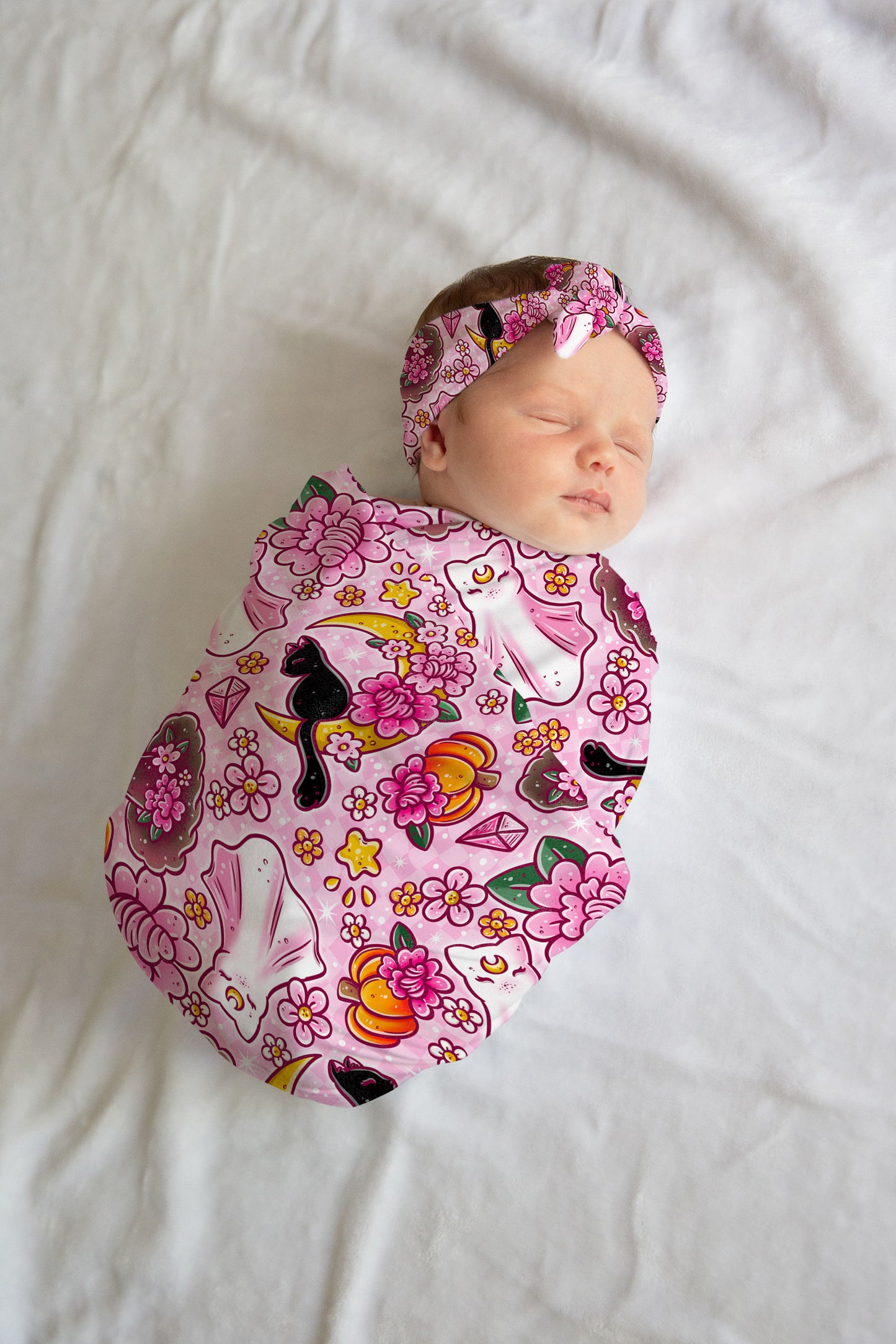 Personalized Halloween Swaddle Set Pink Witchy Cats