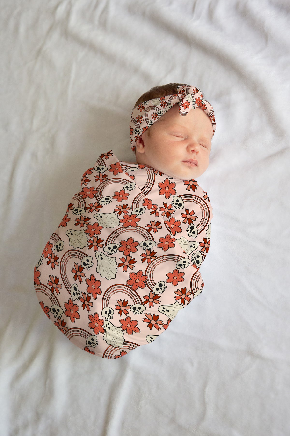 Personalized Boho Halloween Swaddle Set, Orange Floral Skull
