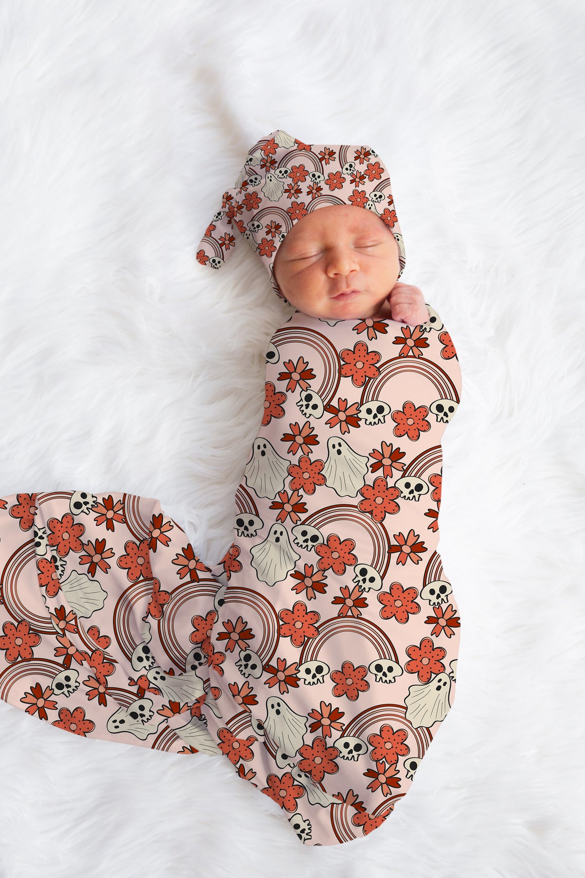 Personalized Boho Halloween Swaddle Set, Orange Floral Skull