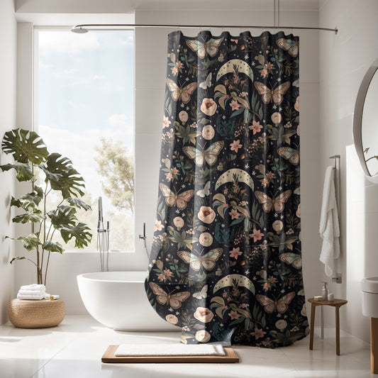 Dark Cottagecore Black Botanical Shower Curtain, Moody Dark Academia, Vintage Apothecary Witchy Eclectic Maximalist Bathroom Decor