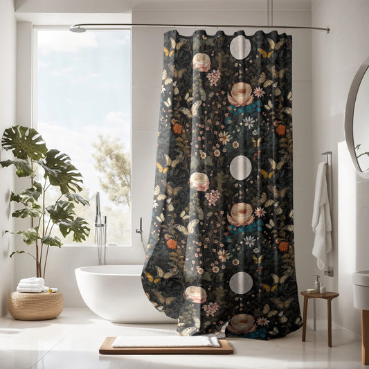 Dark Cottagecore Black Botanical Shower Curtain