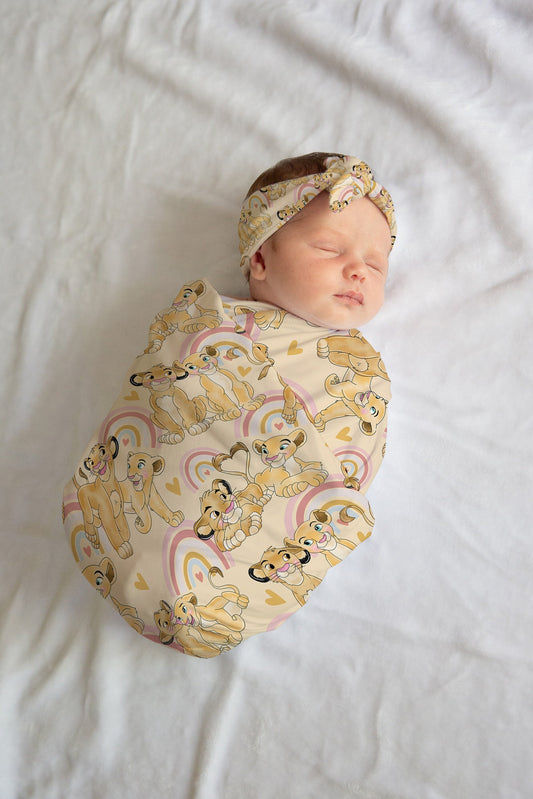 Custom Lion King Swaddle and bow set newborn, Swaddle and hat set, Newborn girl hospital reveal outfit, baby shower gift, stretchy swaddle