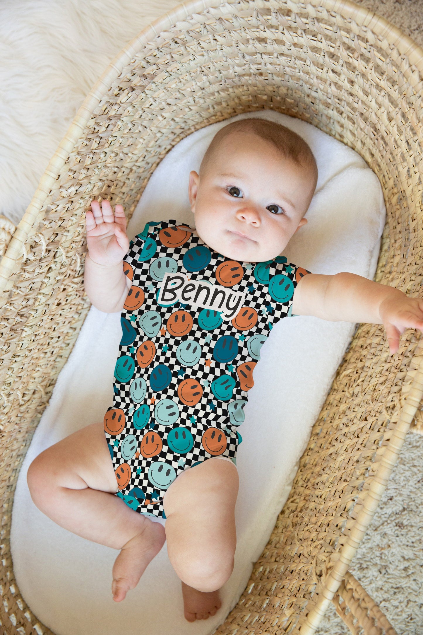 Personalized Baby Boy one piece, Blue checkered smiley face baby bodysuit, personalized baby bodysuit, organic cotton gift for baby shower