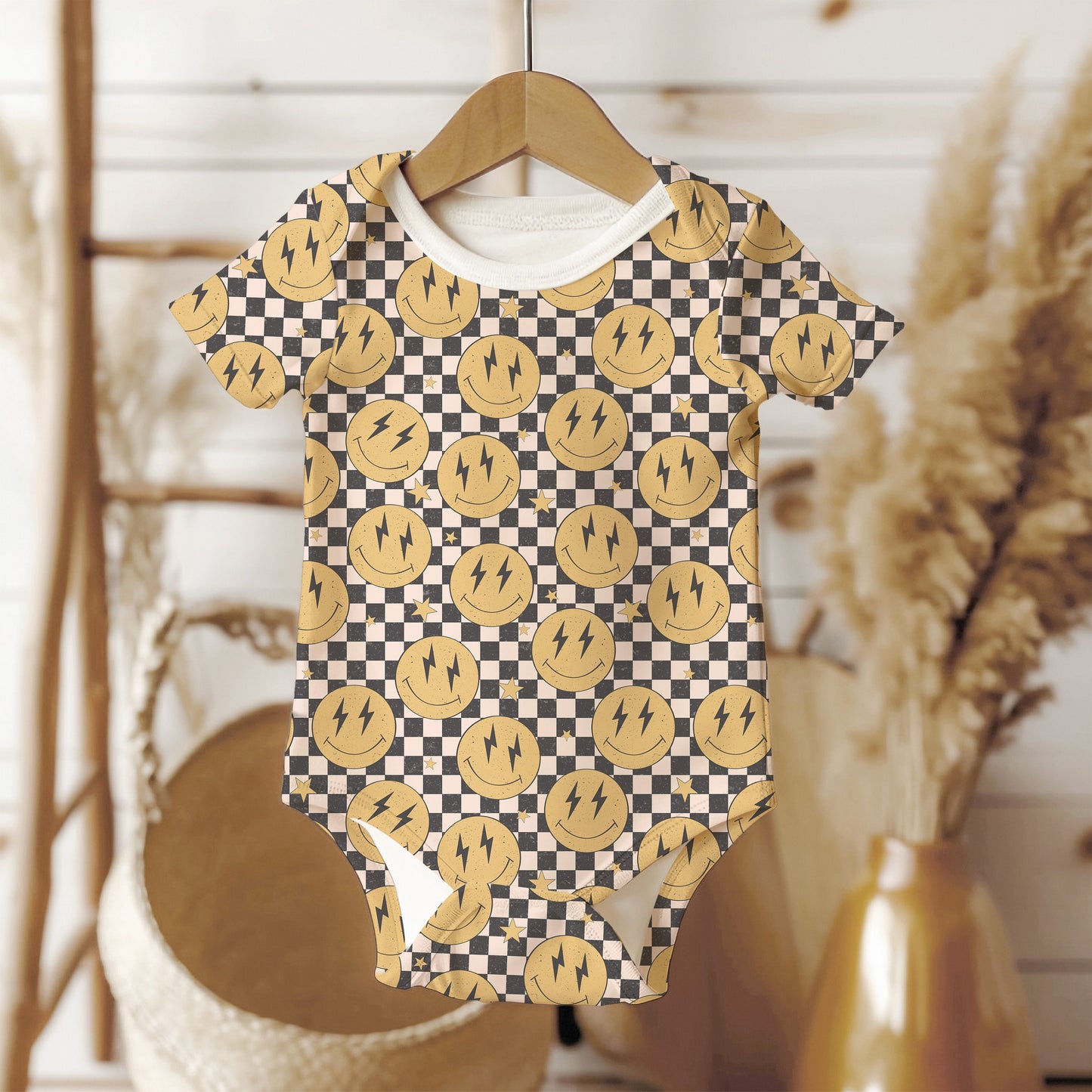 Personalized Baby Boy one piece, yellow smiley face checkered baby bodysuit, personalize baby bodysuit, organic cotton gift for baby shower
