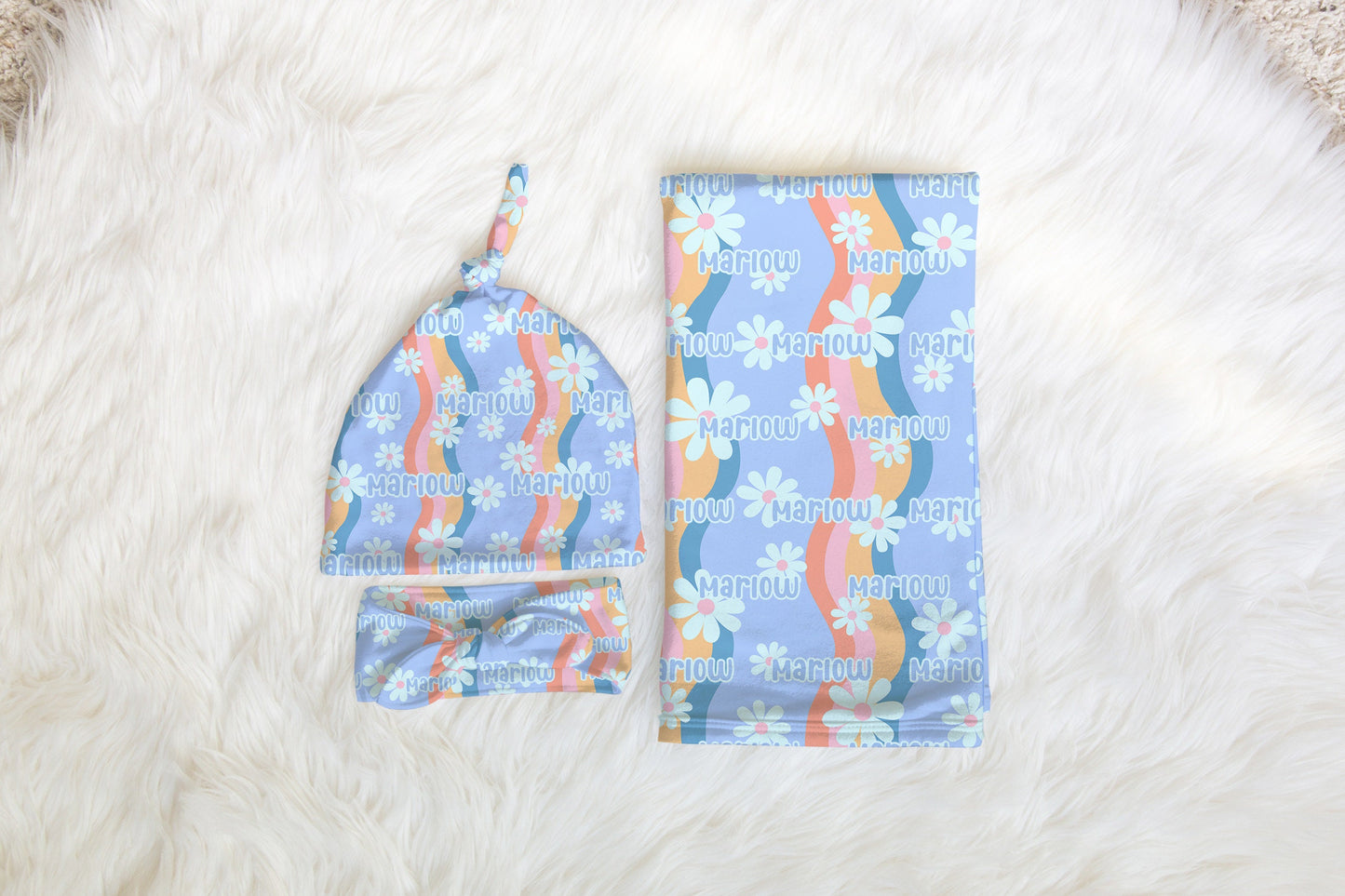 Personalized Groovy Floral Swaddle Hat or Bow Set