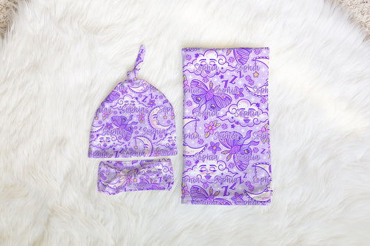Personalized Purple Swaddle Set Bow Hat Baby Blanket