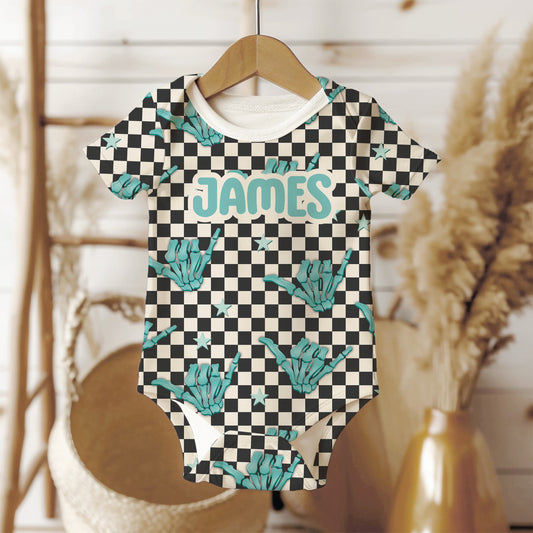 Personalized one piece Baby Boy, checkered baby bodysuit blue skeleton, personalized baby bodysuit, organic cotton gift for baby shower