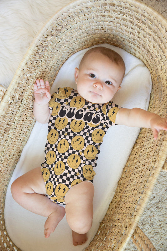 Personalized Baby Boy one piece, yellow smiley face checkered baby bodysuit, personalize baby bodysuit, organic cotton gift for baby shower