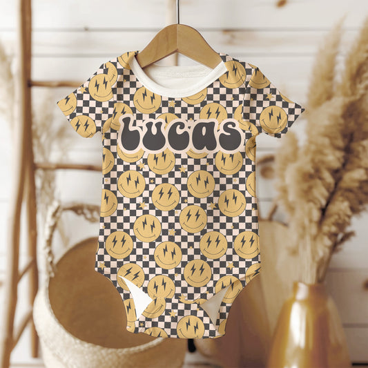 Personalized Baby Boy one piece, yellow smiley face checkered baby bodysuit, personalize baby bodysuit, organic cotton gift for baby shower