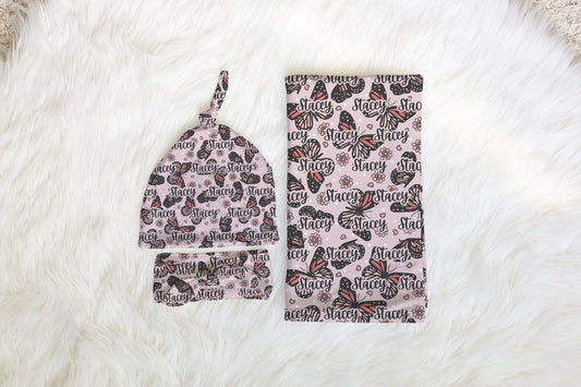 Personalized Newborn Swaddle Set Pink Butterflies