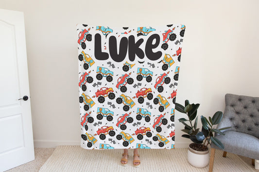 Personalized Blanket for Boys Monster Trucks