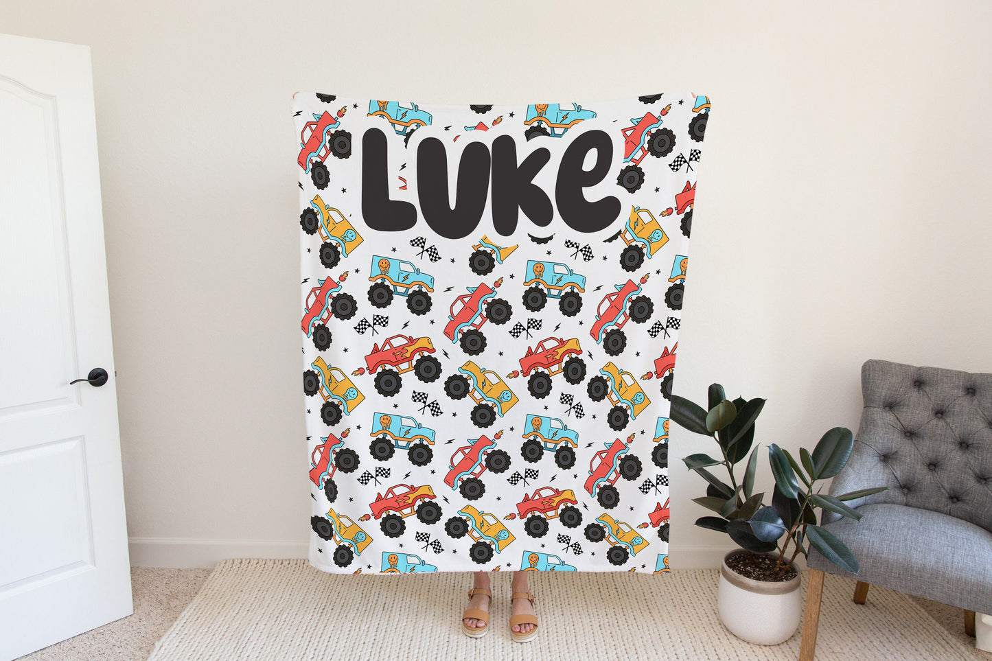 Personalized blanket for boys, truck blanket, race car blanket, birthday gift for him, custom name baby blanket, baby shower gift