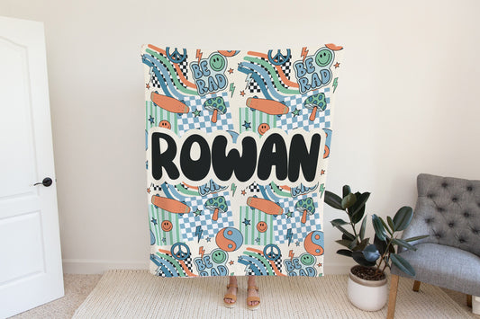 Personalized blanket for boys, Smiley face blanket, checkered throw, birthday gift for him, custom name baby blanket, baby shower gift