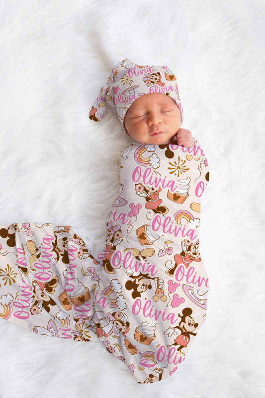 Personalized Disney Swaddle set, Newborn girl hospital reveal outfit, disney baby shower gift, pink disney swaddle bow and hat set