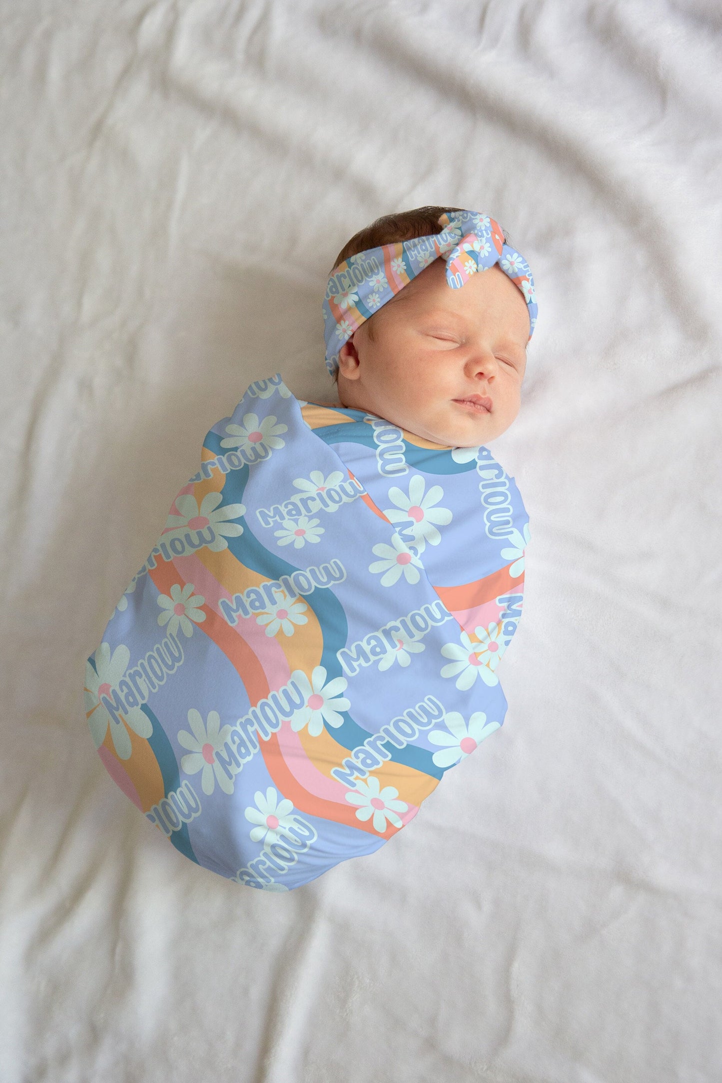 Personalized Groovy Floral Swaddle Hat or Bow Set