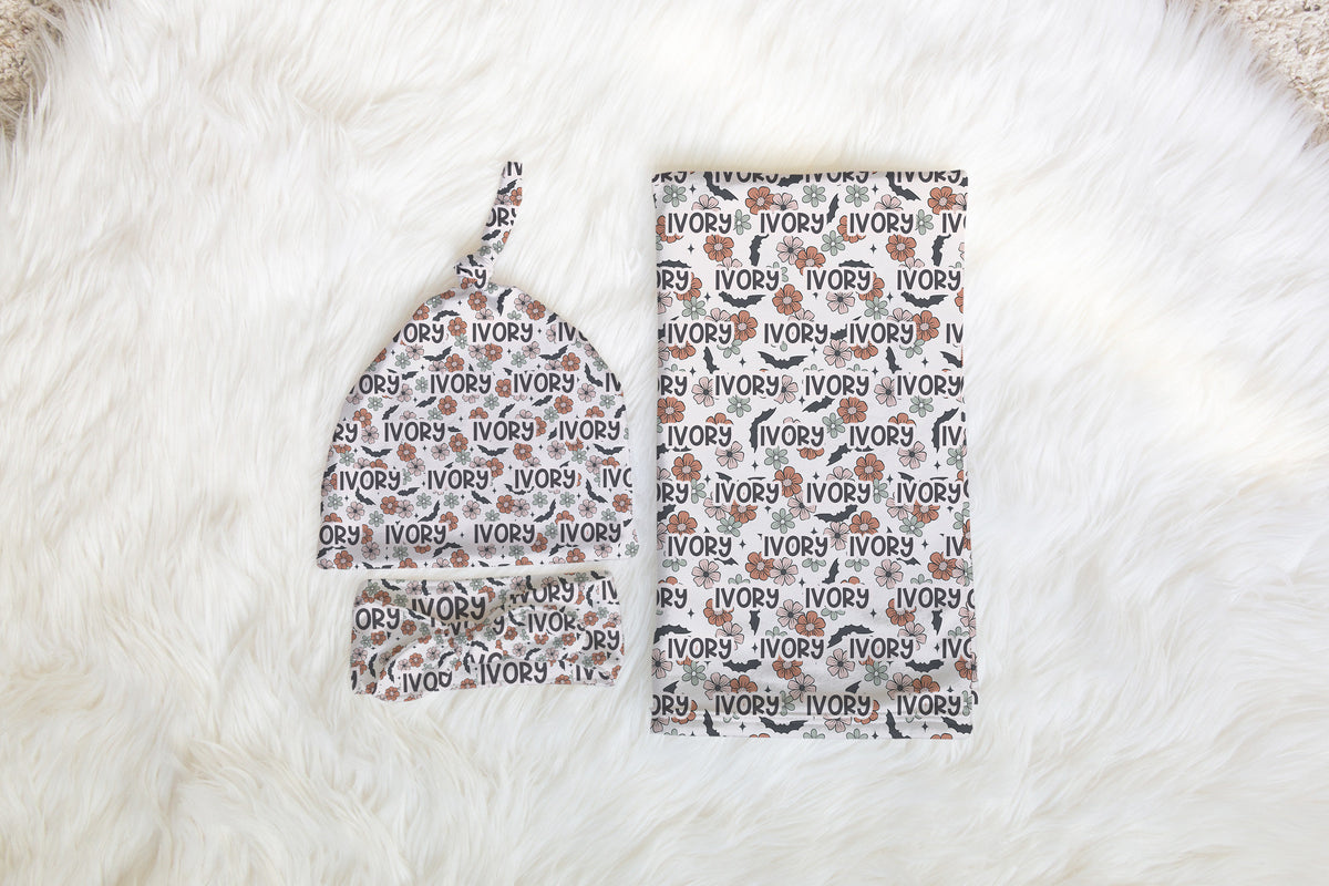 Personalized Halloween swaddle set Bats