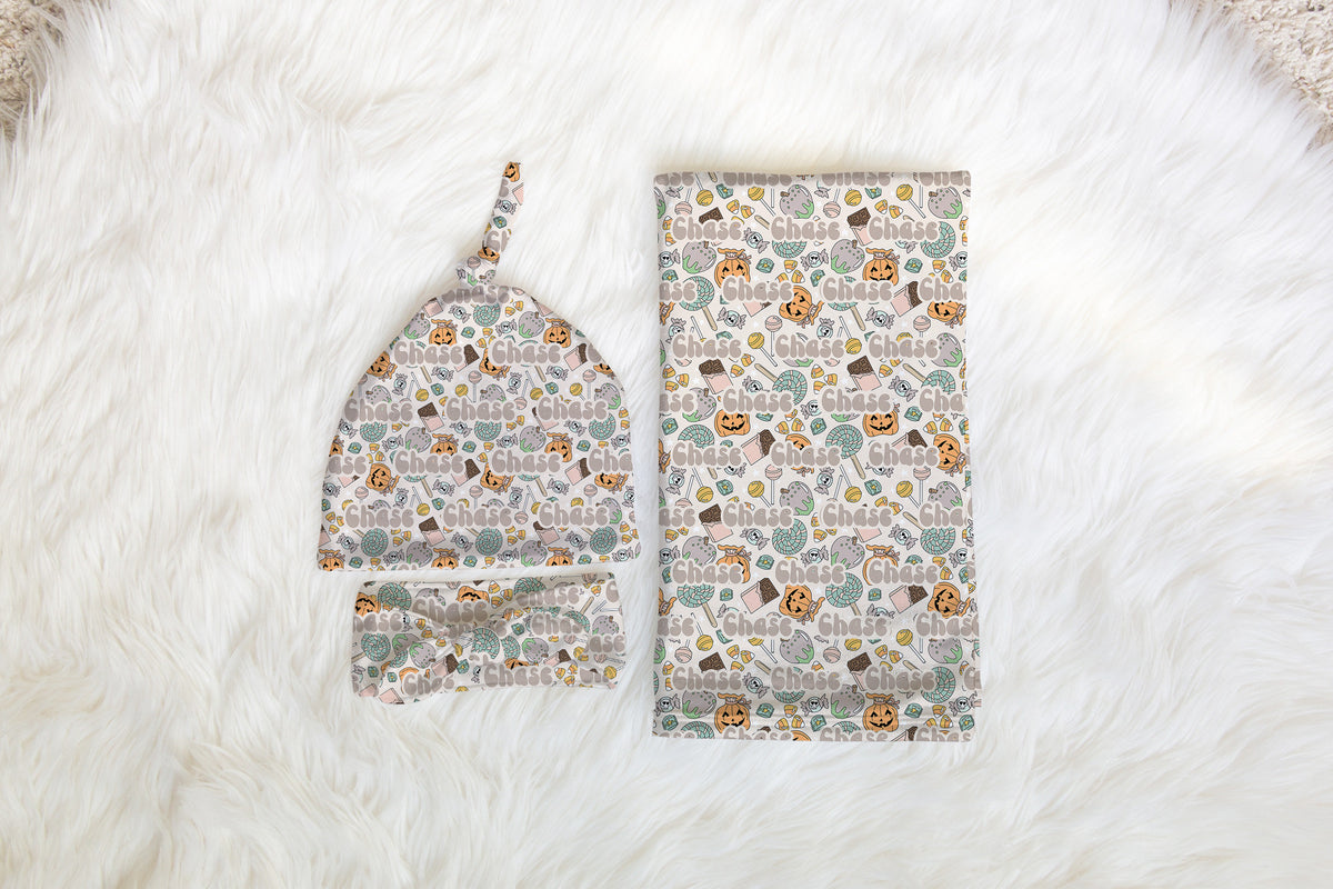 Personalized fall pumpkin Newborn Swaddle Set unisex, Pumpkin Swaddle Bow Set, Fall Swaddle Hat set, Custom name Newborn announcement outfit