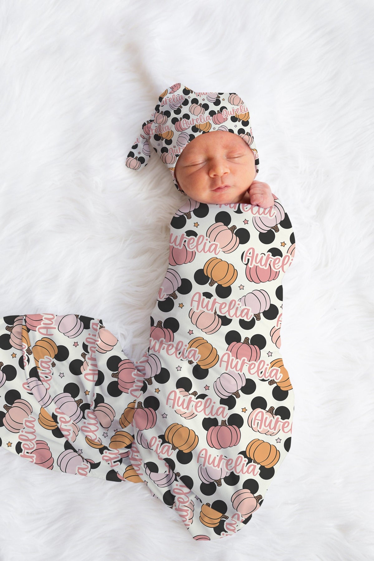 Personalized fall disney Newborn Swaddle Set, Pumpkin Swaddle Bow Set, Fall Swaddle Hat set, Custom name Newborn announcement outfit