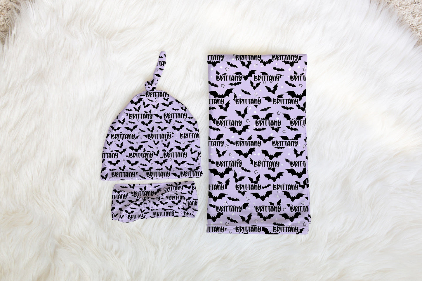 Personalized Bats Newborn Swaddle Set Purple