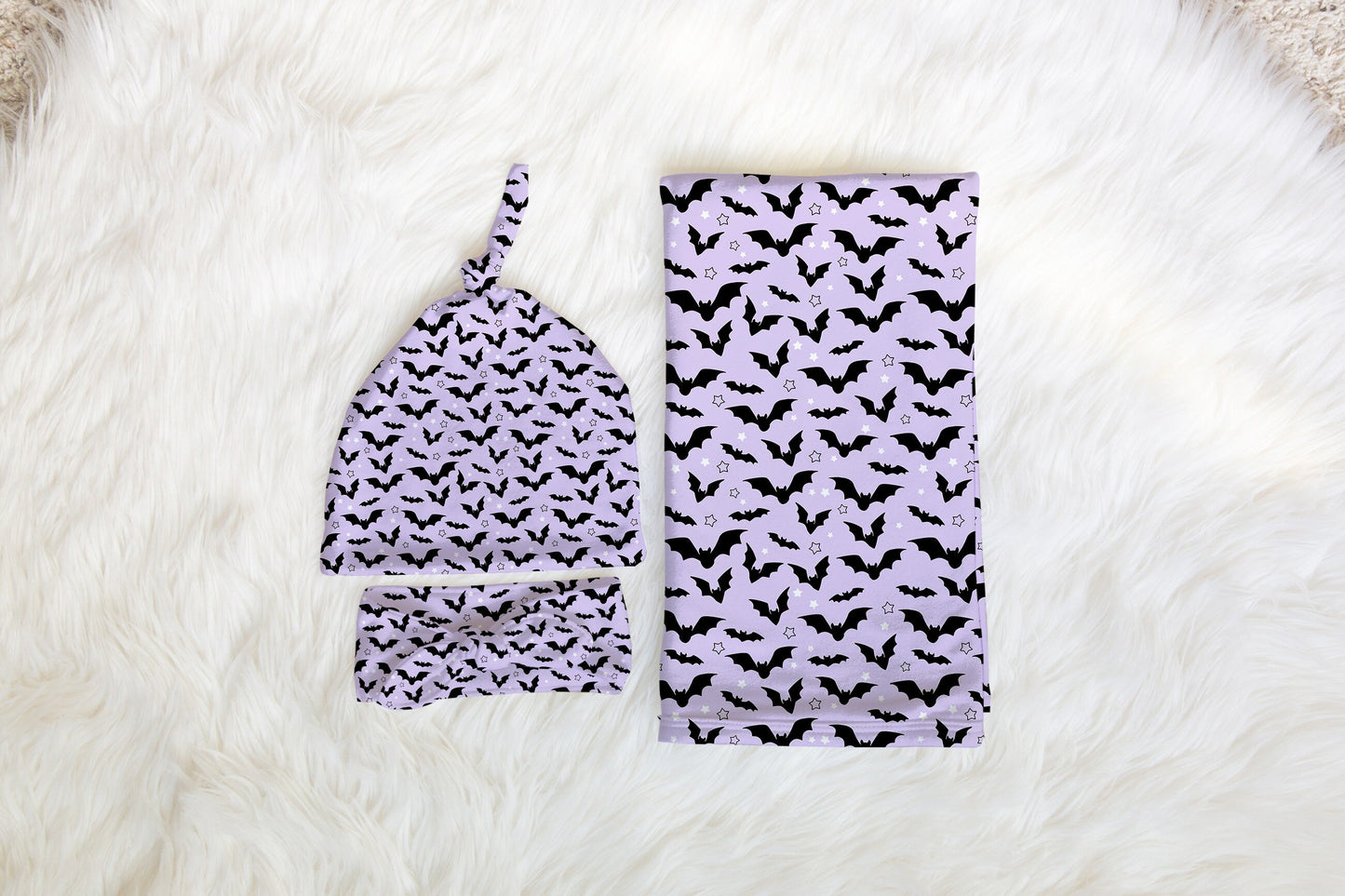 Personalized fall bats Newborn Swaddle Set, purple halloween Swaddle Bow Set, Fall Swaddle Hat set, Custom name Newborn announcement outfit