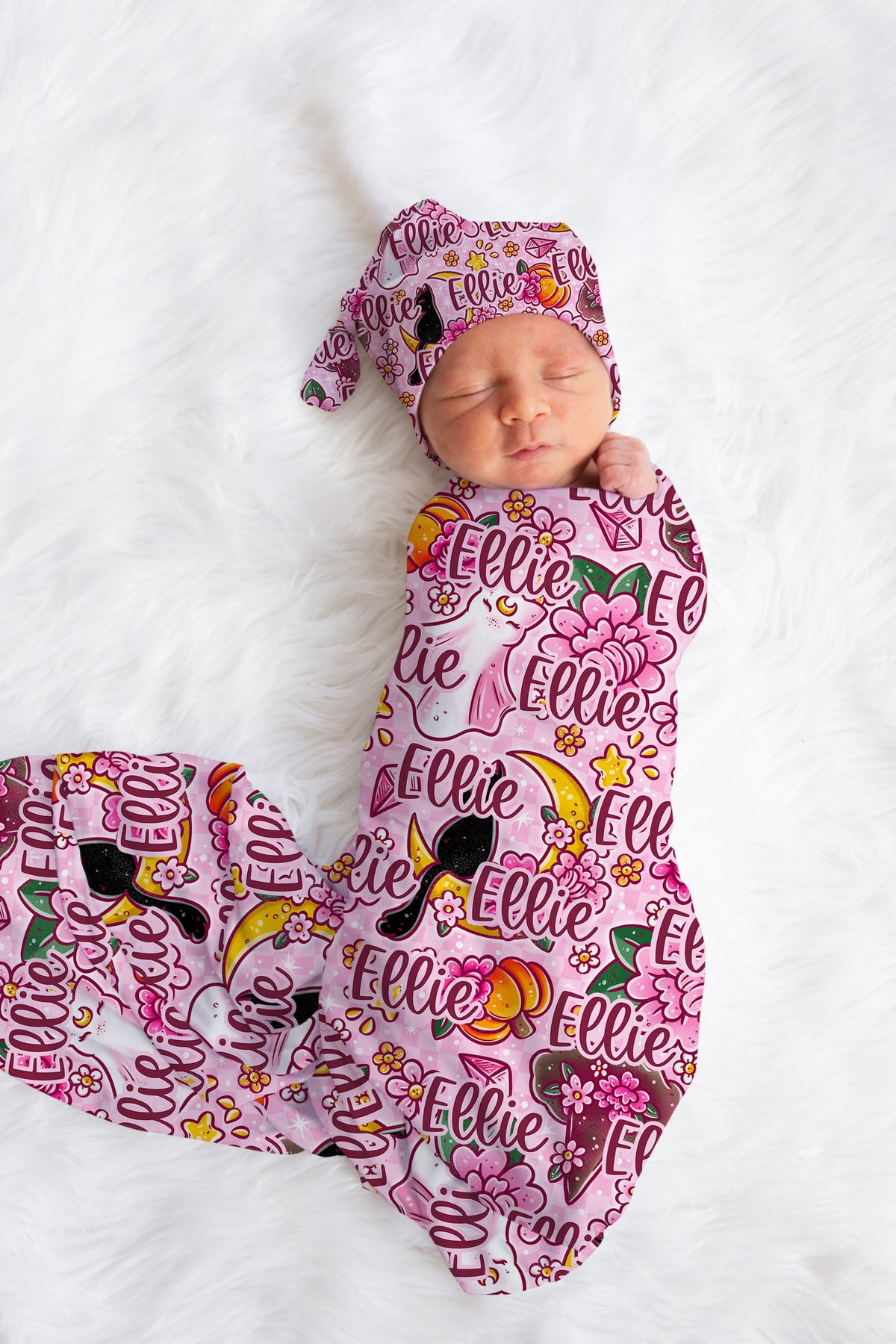 Personalized Halloween Swaddle Set Pink Witchy Cats