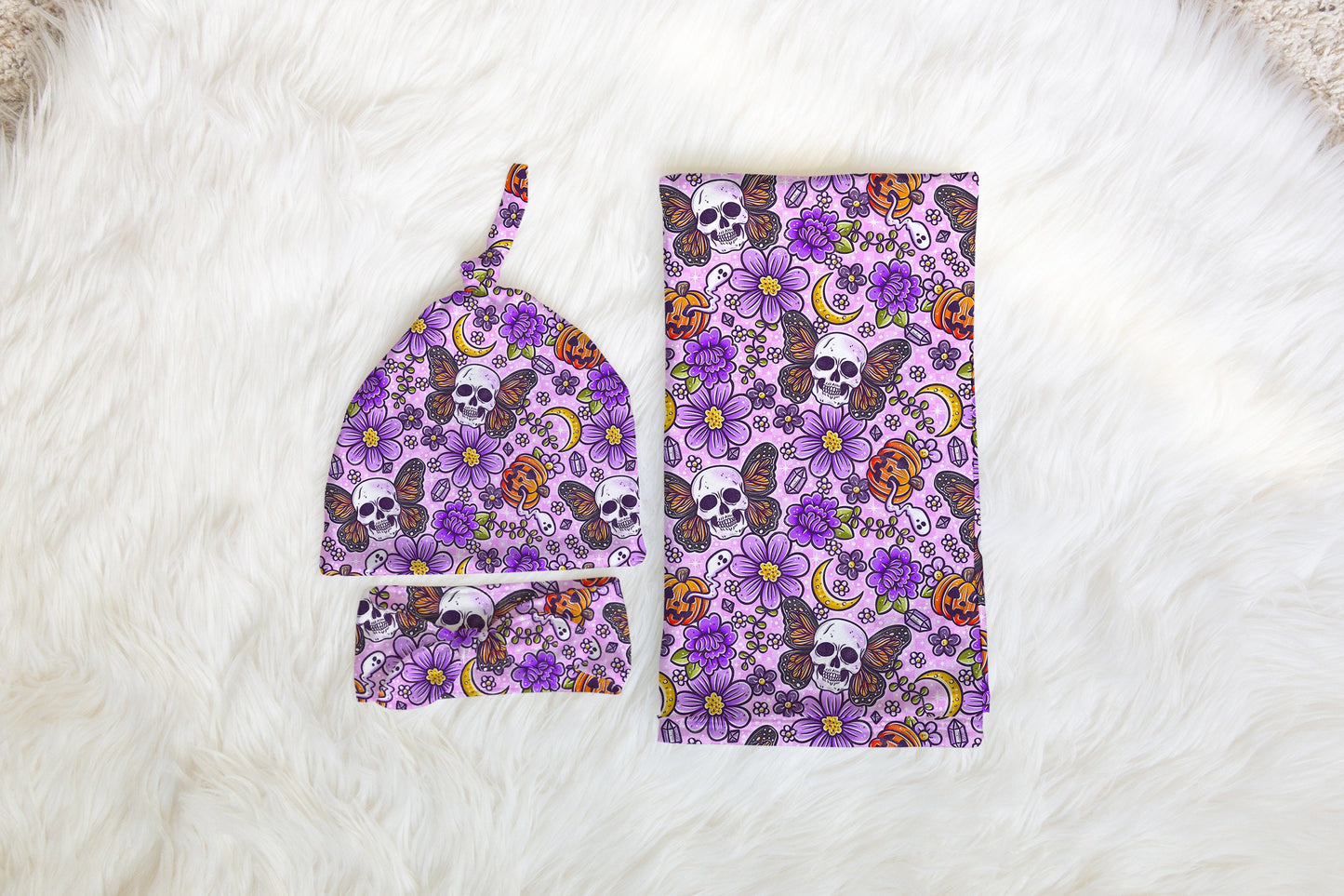 Personalized Halloween swaddle set Purple Skulls