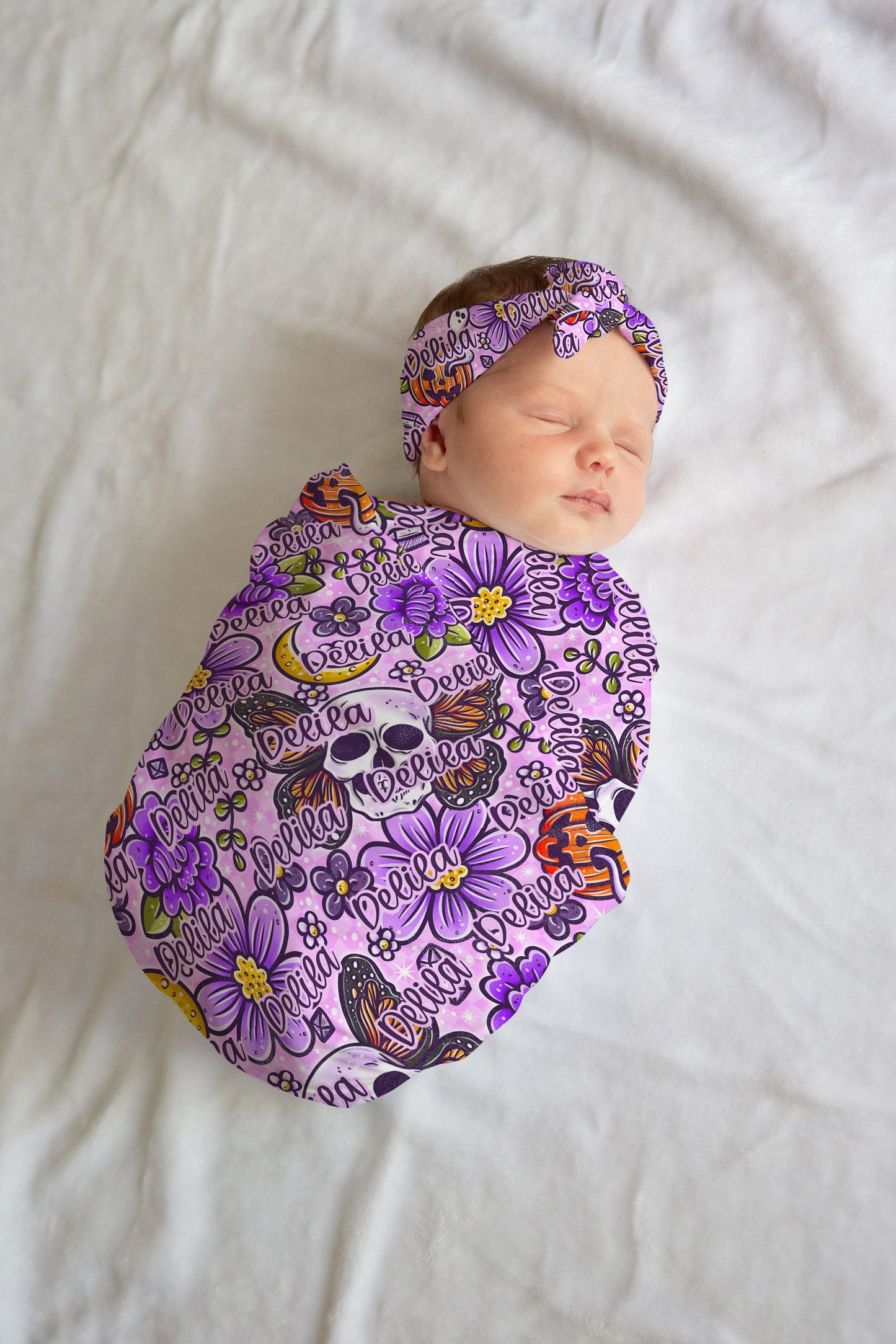 Personalized Halloween swaddle set Purple Skulls