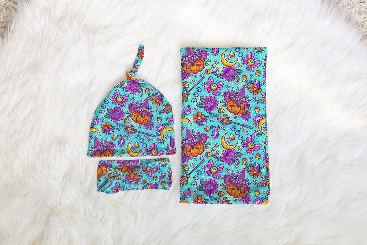 Personalized Halloween Swaddle Set Blue Pumpkins