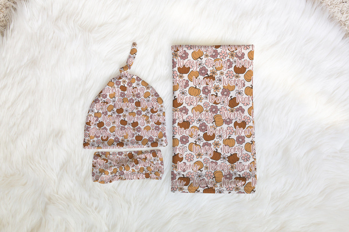 Personalized fall pumpkin Newborn Swaddle Set, Pumpkin Swaddle Bow Set, Fall Swaddle Hat set, Custom name Newborn announcement outfit