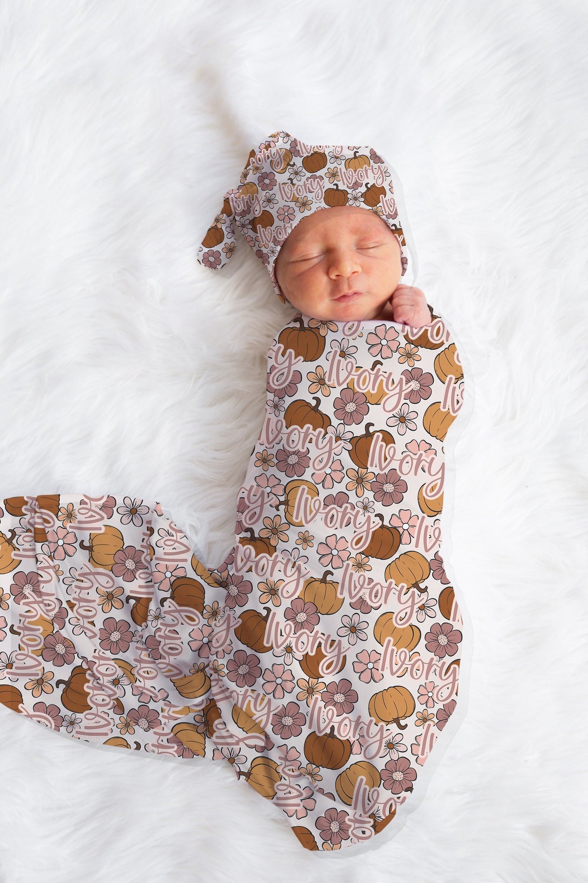 Personalized fall pumpkin Newborn Swaddle Set, Pumpkin Swaddle Bow Set, Fall Swaddle Hat set, Custom name Newborn announcement outfit